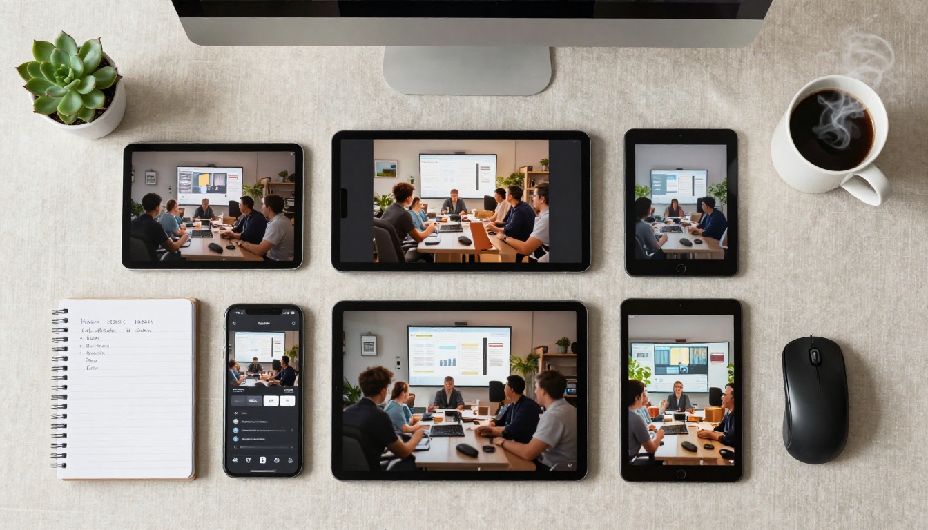 Overhead flat lay of workspace devices displaying AI video tools and interfaces