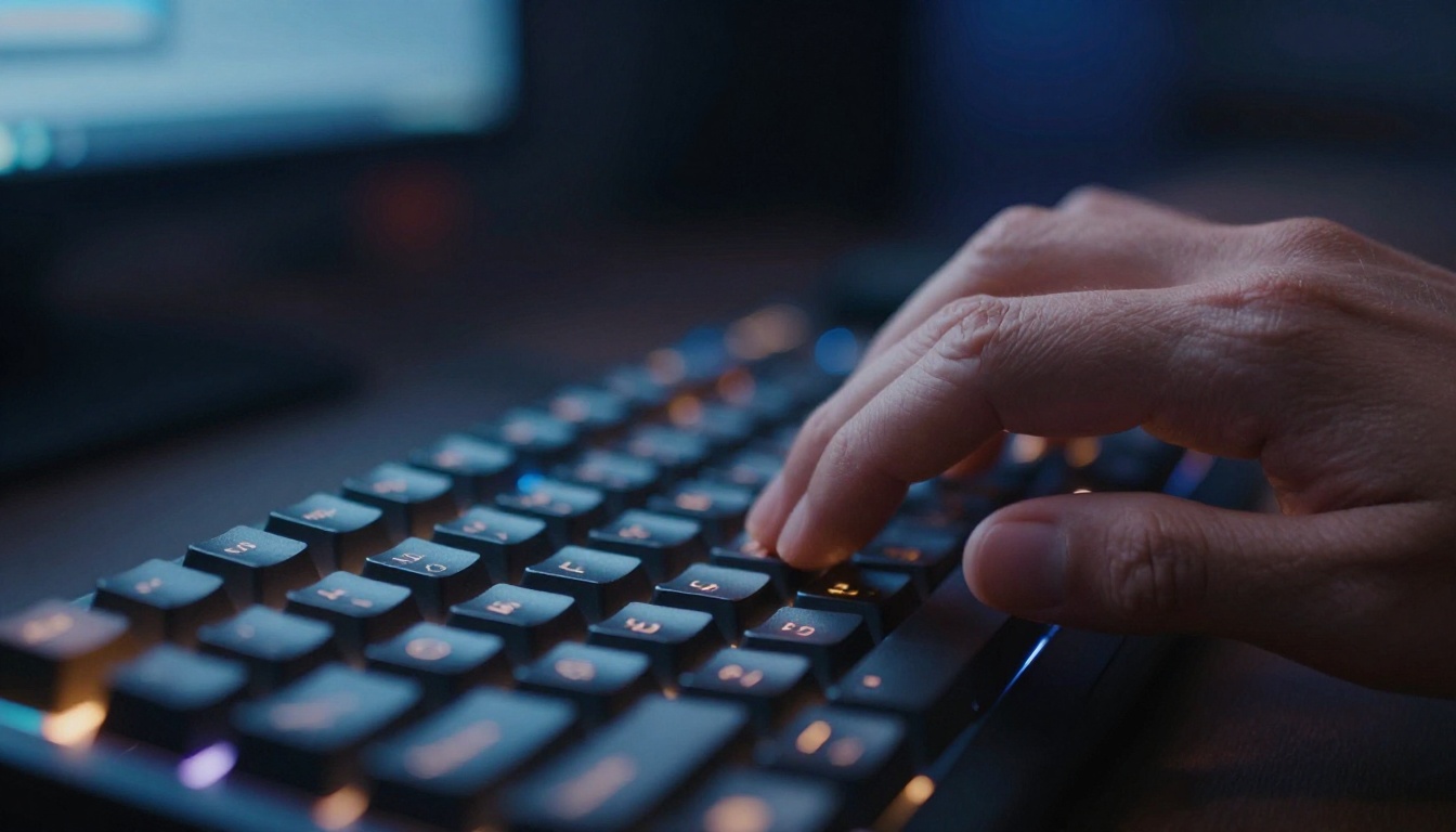 Close-up macro of fingers typing on backlit mechanical keyboard with dual monitor glow