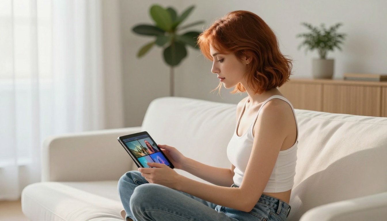 Woman relaxing on white sofa holding tablet viewing AI-generated video clips