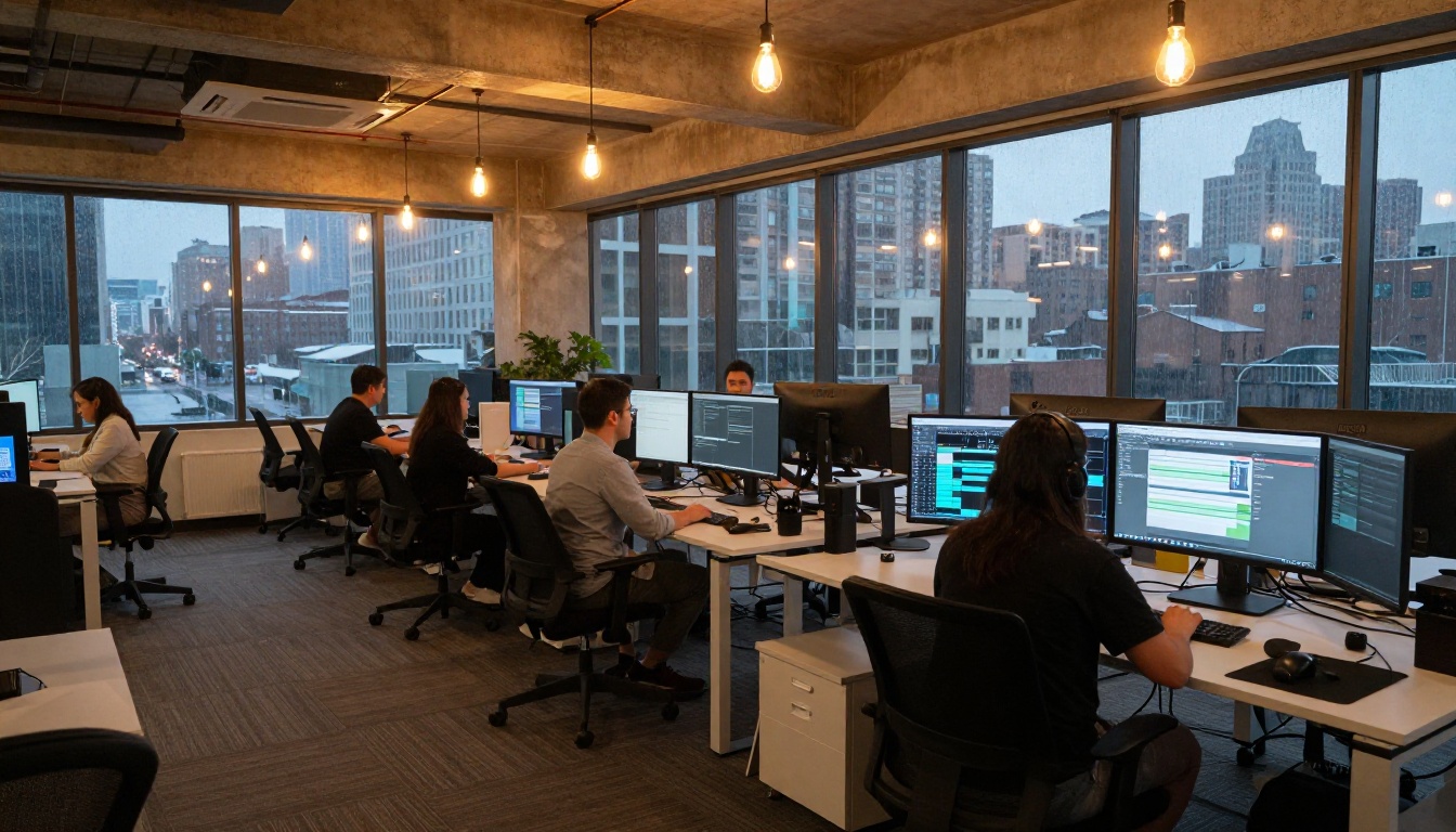 Modern open-plan creative office with professionals using AI video generation tools