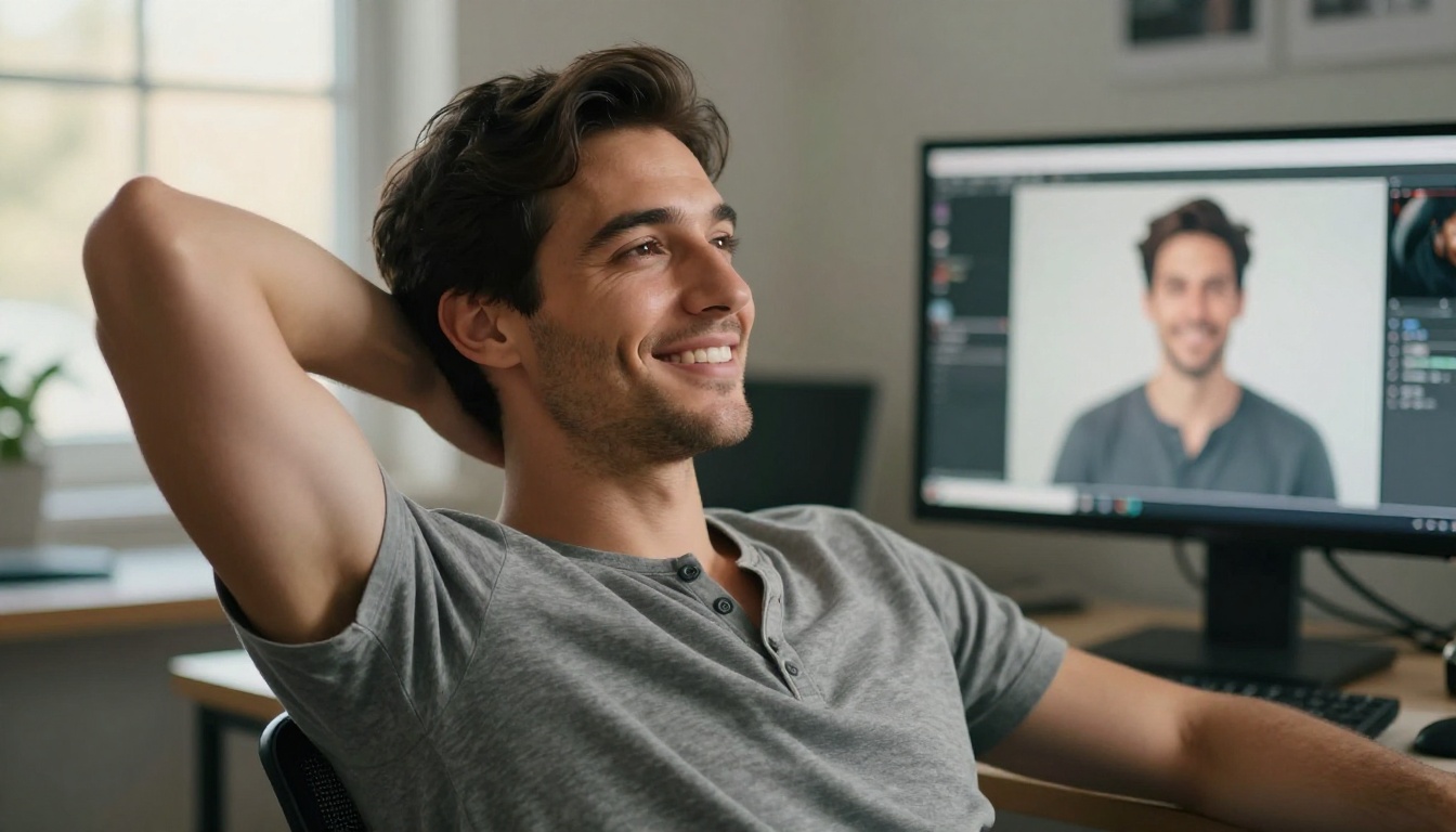 Man leaning back satisfied at monitor displaying completed AI video results