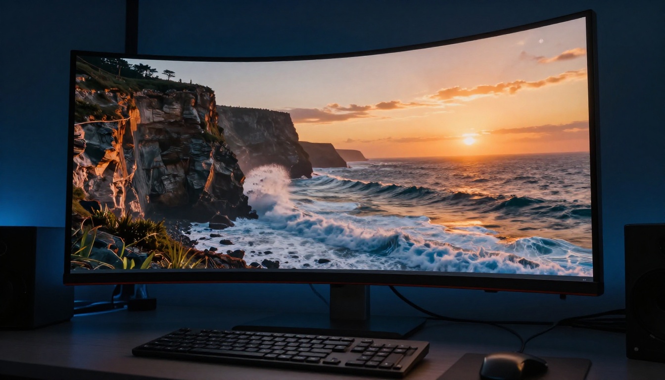 Dramatic low-angle view of curved monitor displaying cinematic AI video output at desk level