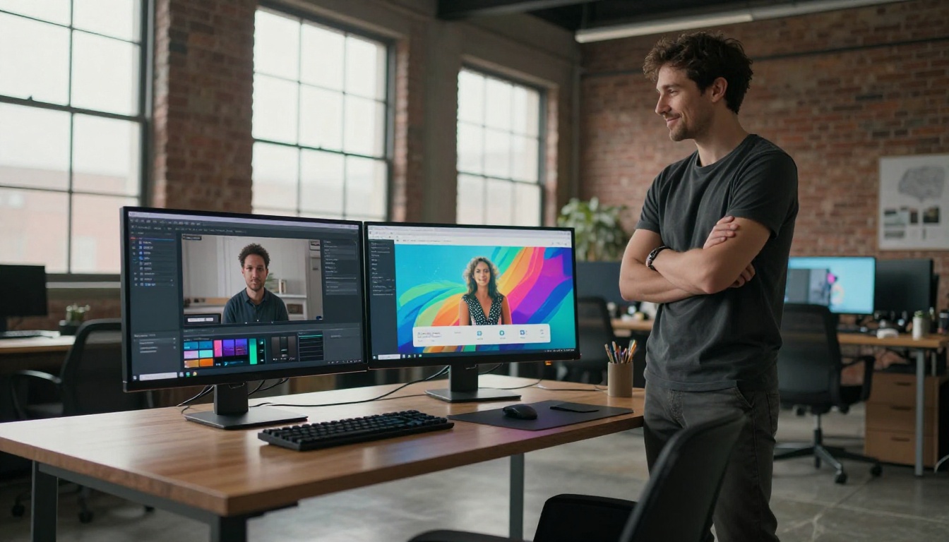 Two side-by-side monitors showing expensive platform versus affordable AI tool interface
