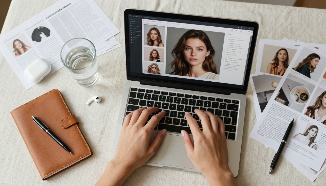 Aerial workspace view with AI-generated portrait image on laptop screen surrounded by printouts