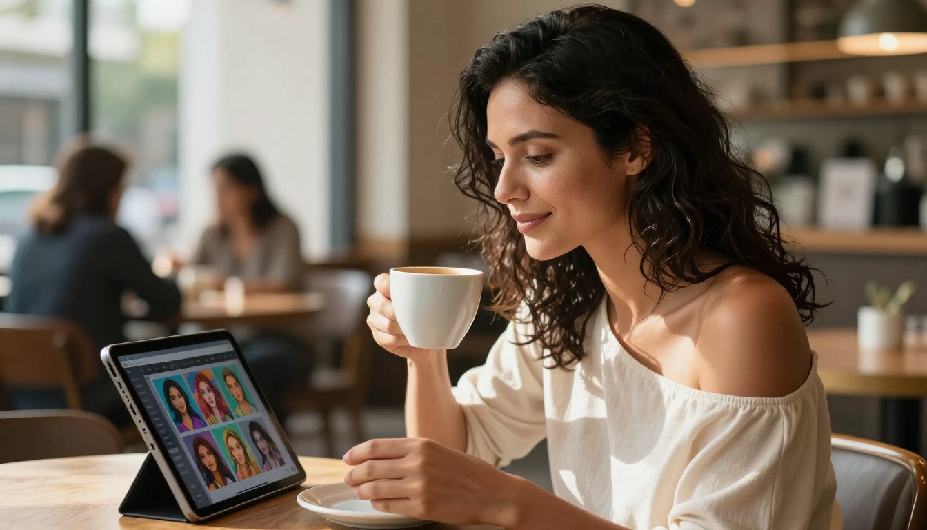 Woman sitting in sunlit café with tablet showing AI image generation interface