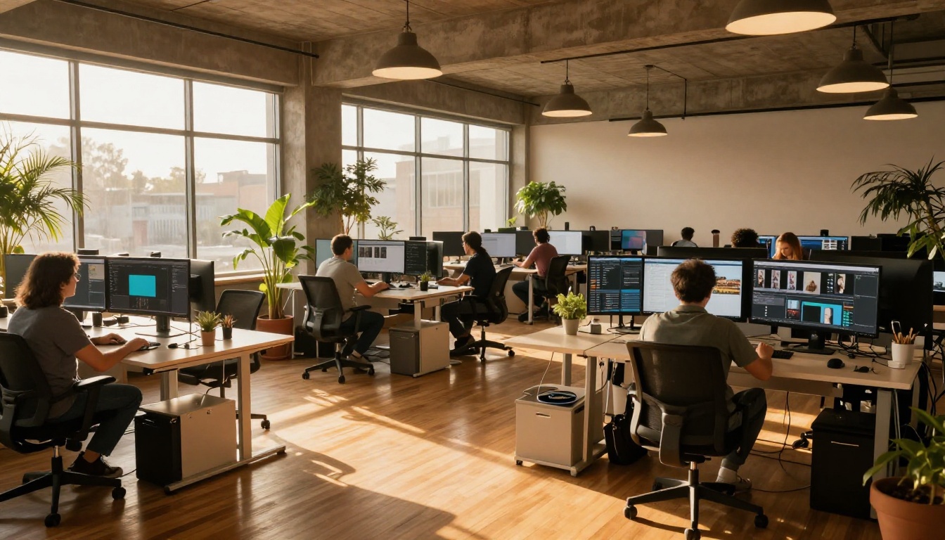Wide shot of creative agency workspace at golden hour with professionals at monitors