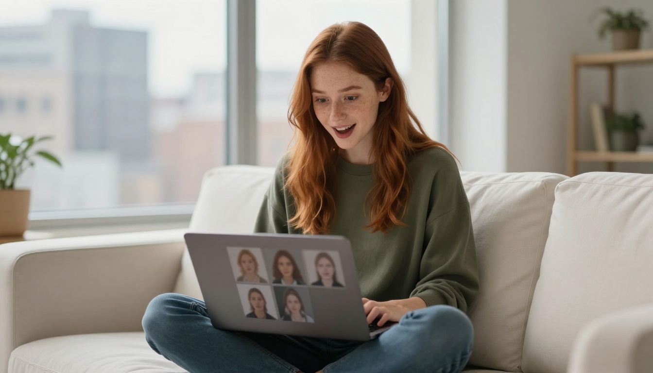 Young woman on white linen couch with laptop showing AI-generated portrait grid on screen