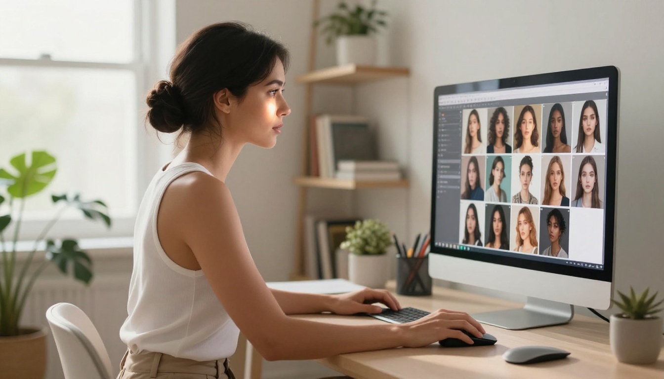 Woman at minimalist desk with AI image generation results displayed on monitor