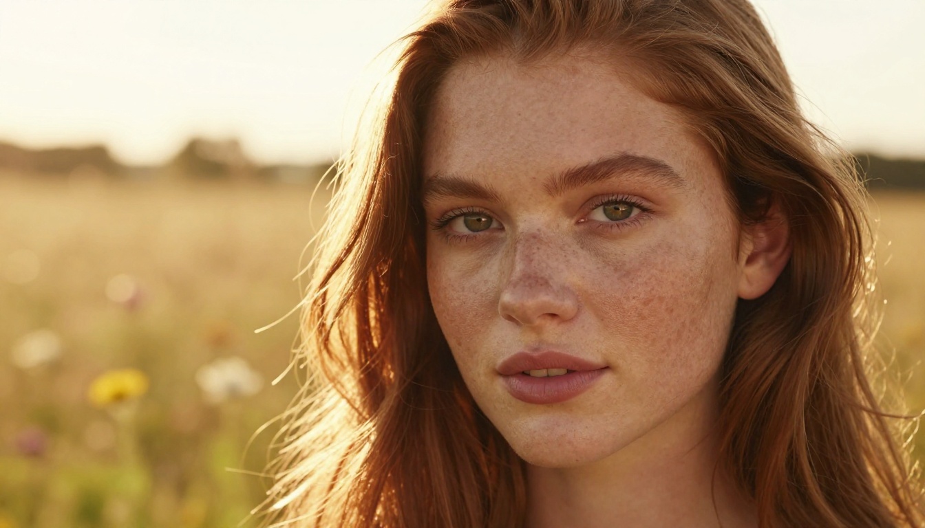 Beautiful photorealistic AI portrait of a young woman in golden hour light, auburn hair, outdoor field