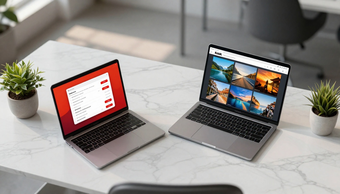 Two laptop screens side by side showing credit-limited vs unlimited AI platform interfaces
