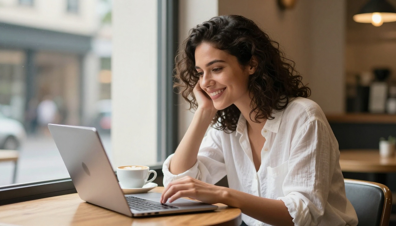Happy woman browsing AI-generated image gallery on laptop in bright café