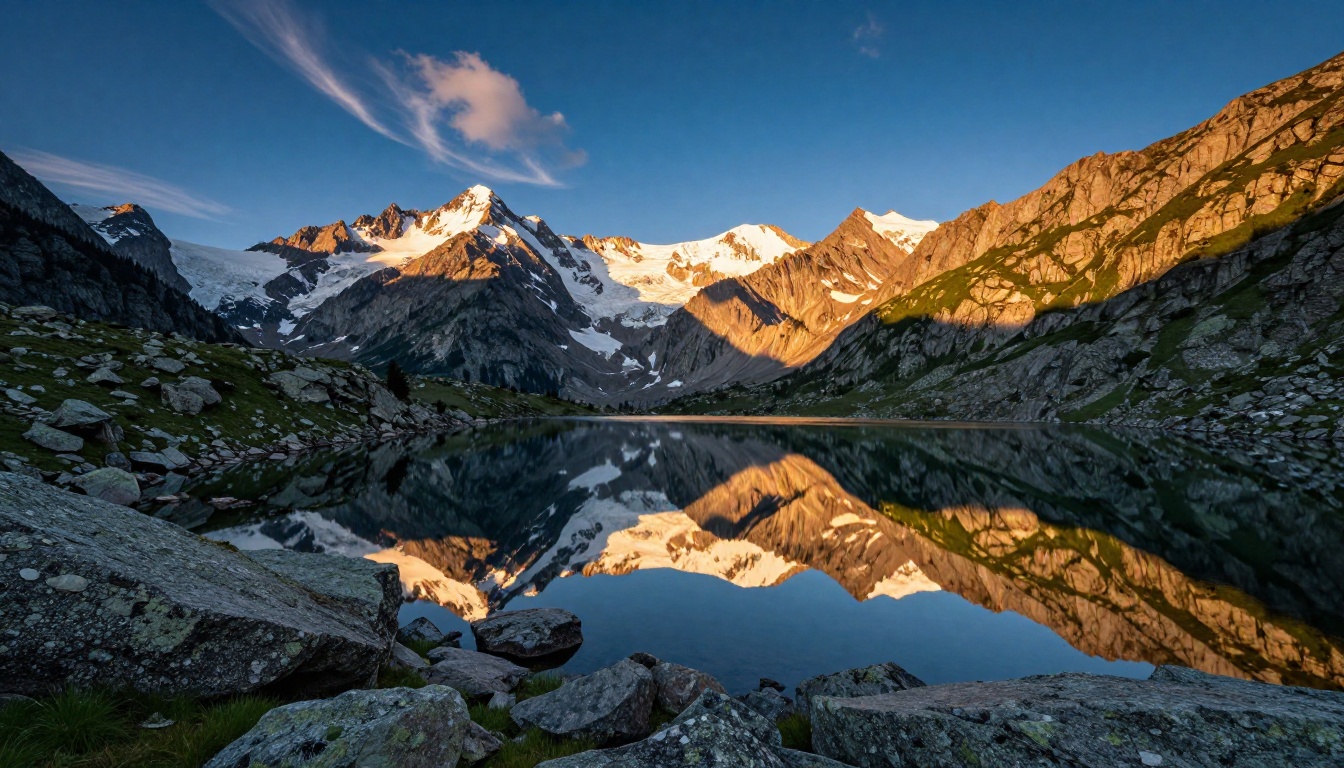 Pristine alpine lake at golden hour with mirror reflection of snow-capped peaks and dramatic sky