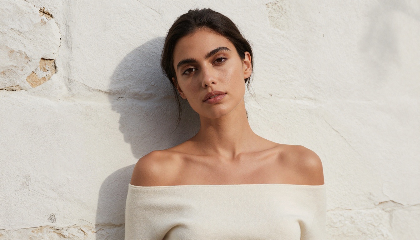 Elegant fashion portrait of a young woman against weathered white stone wall in natural overcast light