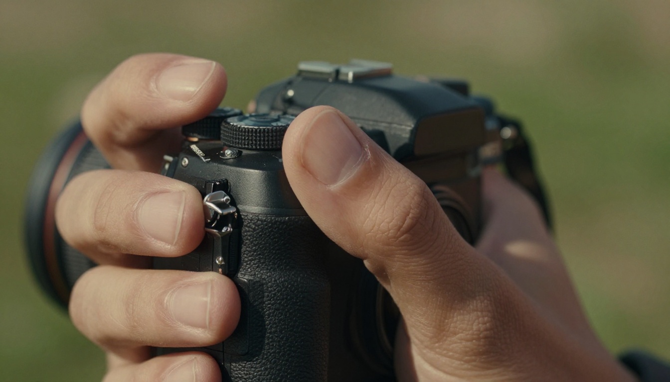 Close-up of photographer's hands holding professional DSLR camera, natural wear on body, outdoor greenery bokeh background