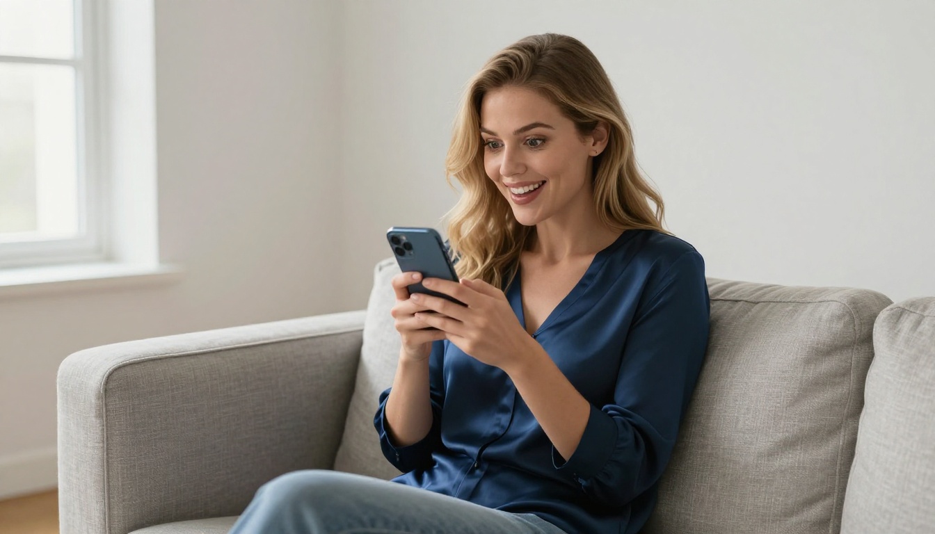 Beautiful blonde woman holding phone on light gray linen sofa, expression of genuine excitement, Scandinavian minimal living room, warm window light