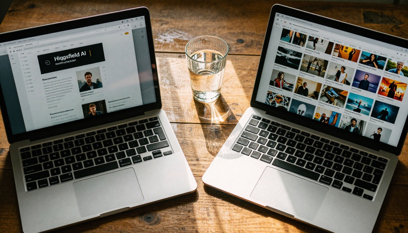 Two laptops placed side by side on a desk showing different AI platform interfaces
