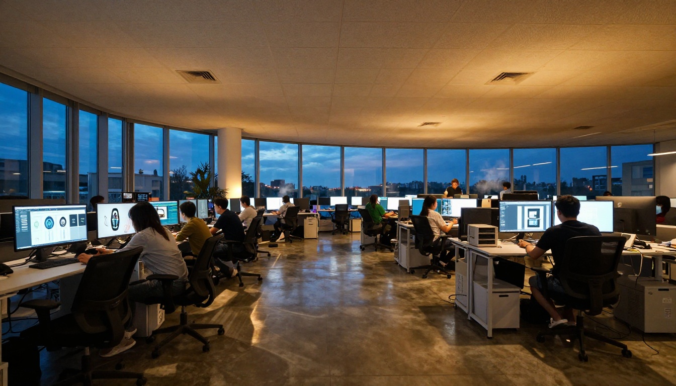 A wide creative office at dusk with designers working at curved monitors