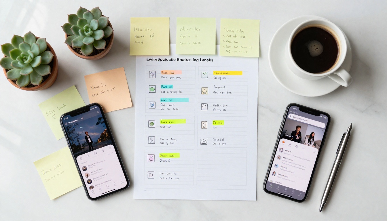 A flat lay workspace with comparison notes, phones showing different AI platforms