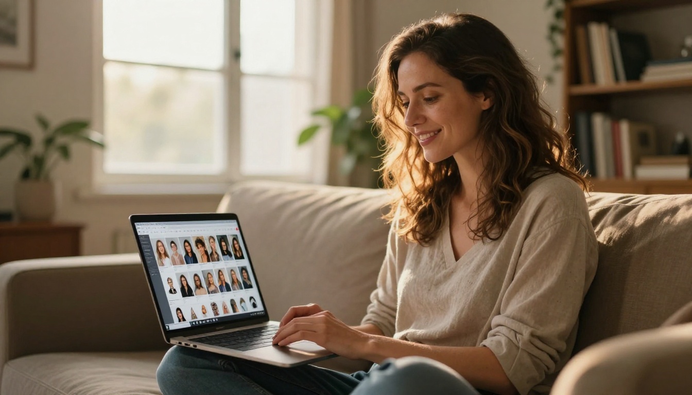 A woman sitting on a sofa with a laptop open showing a large AI model catalog