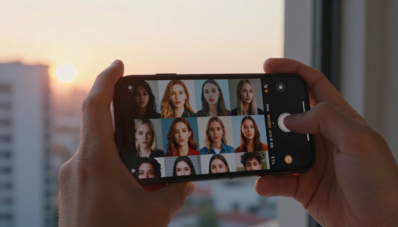 A man holding a smartphone displaying a gallery of AI-generated photorealistic images