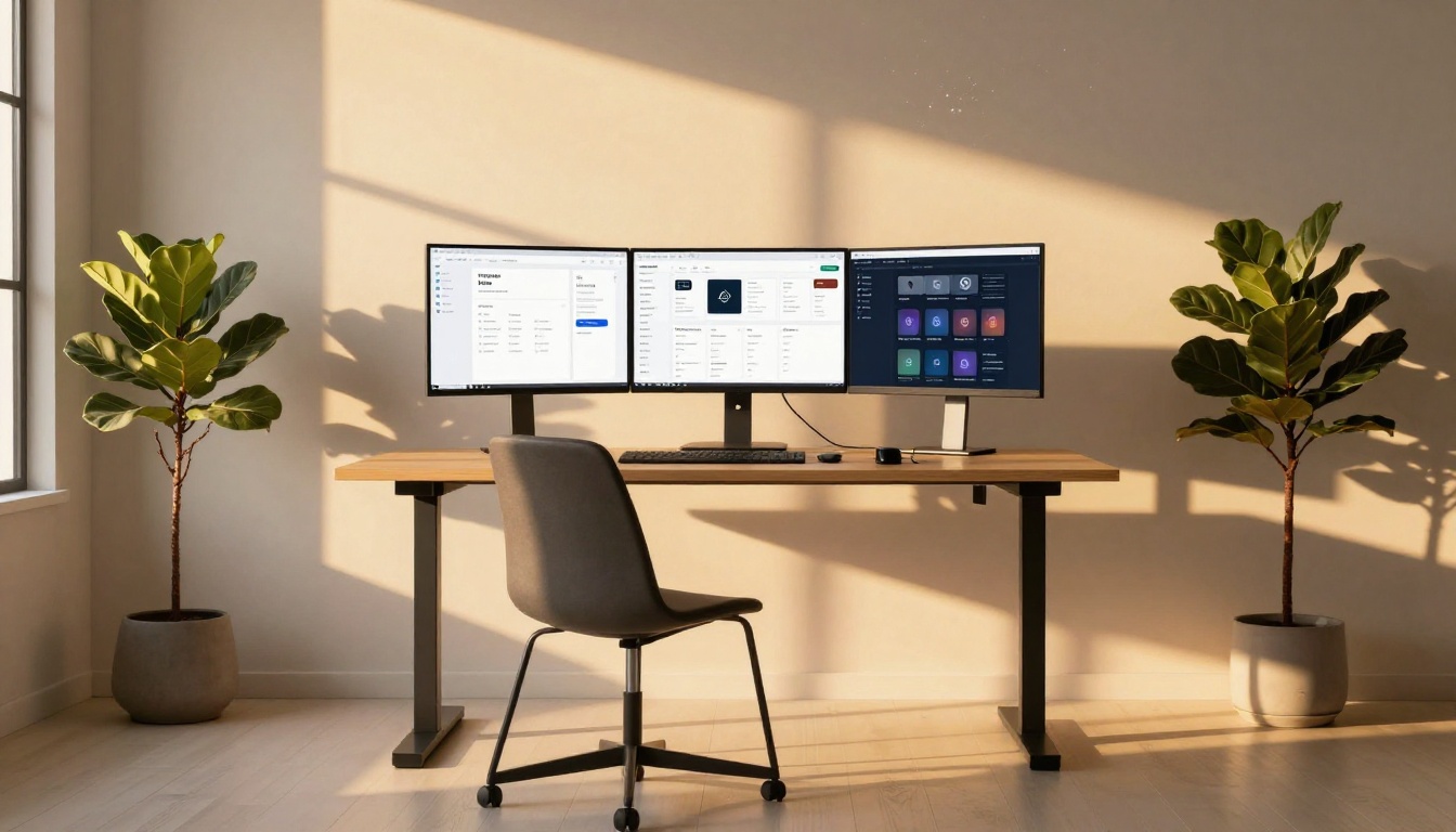A minimalist home office at golden hour with a wide monitor comparing AI platform dashboards