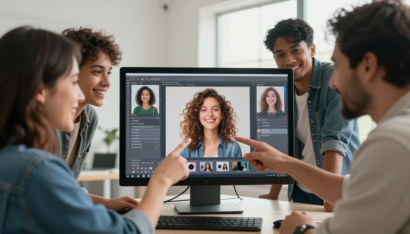 A diverse group of creative professionals gathered around a monitor showing AI-generated images