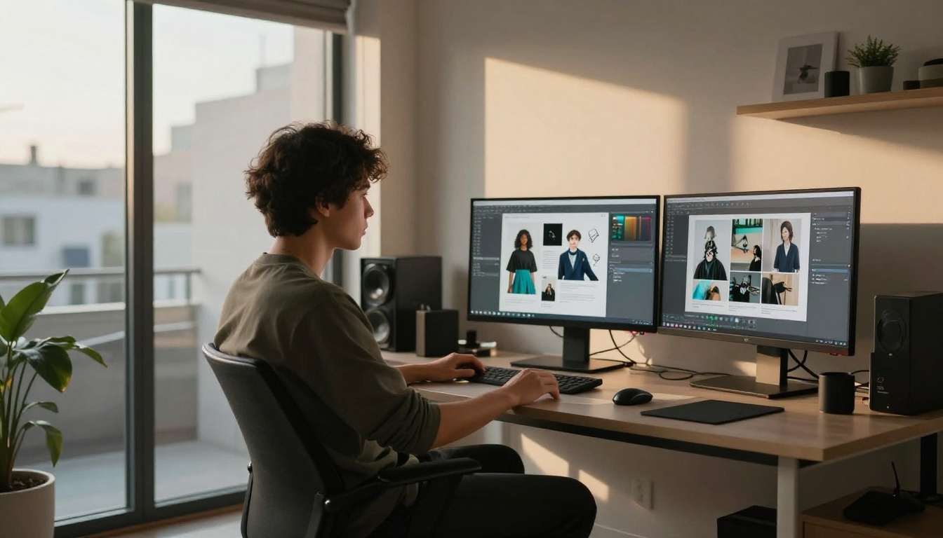 AI creative workspace with multiple screens showing generated artwork in a minimalist studio