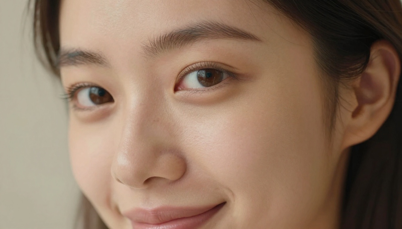Intimate close-up portrait of a woman with naturally radiant skin and window daylight