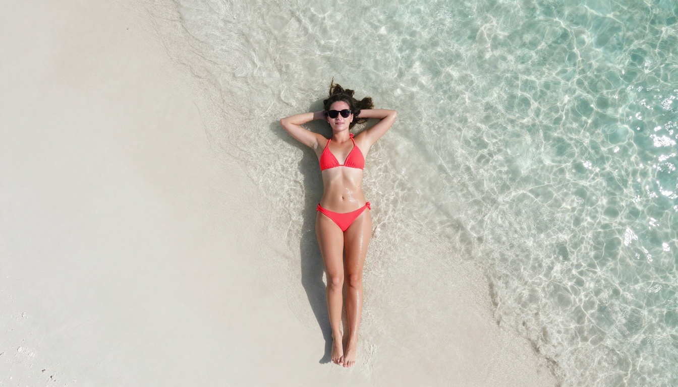 Aerial view of woman in coral red bikini lying on white sand beach with turquoise water patterns