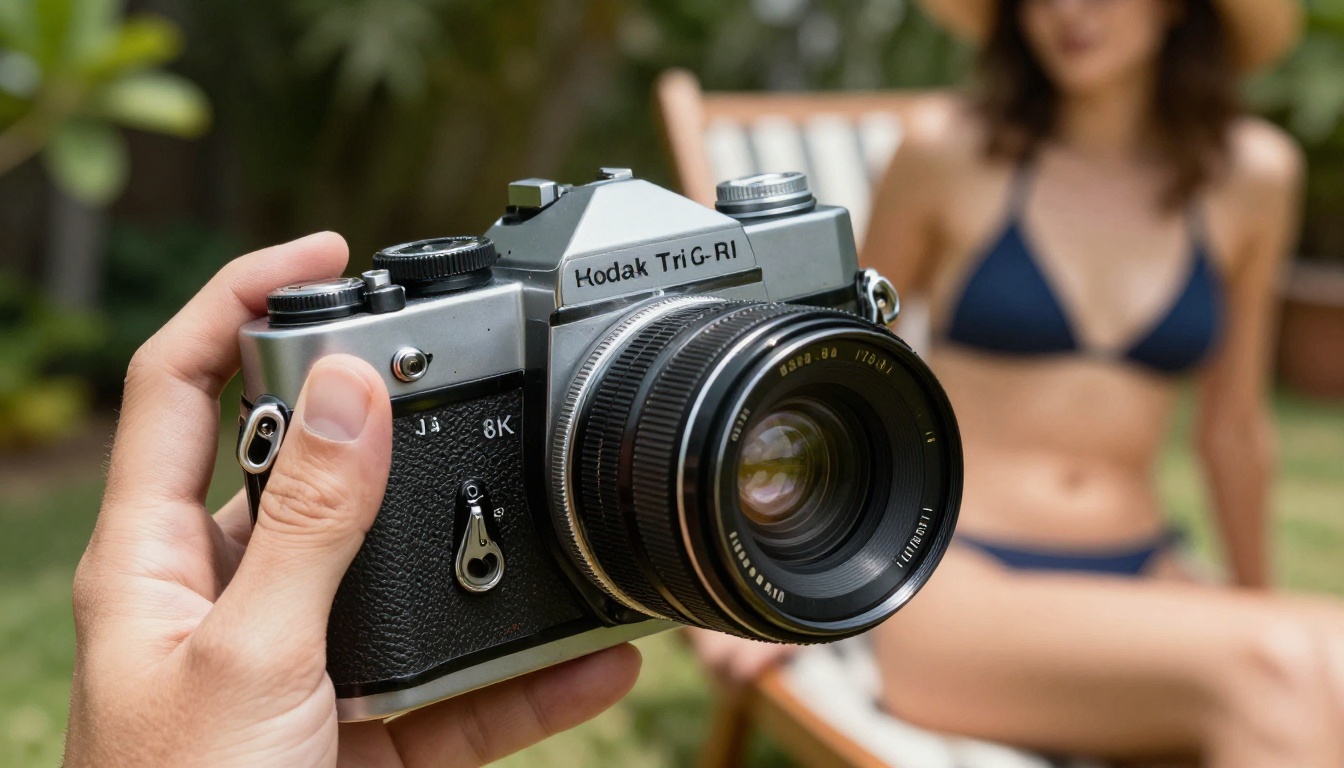 Photographer's hands holding vintage film camera with woman in garden visible as soft bokeh background