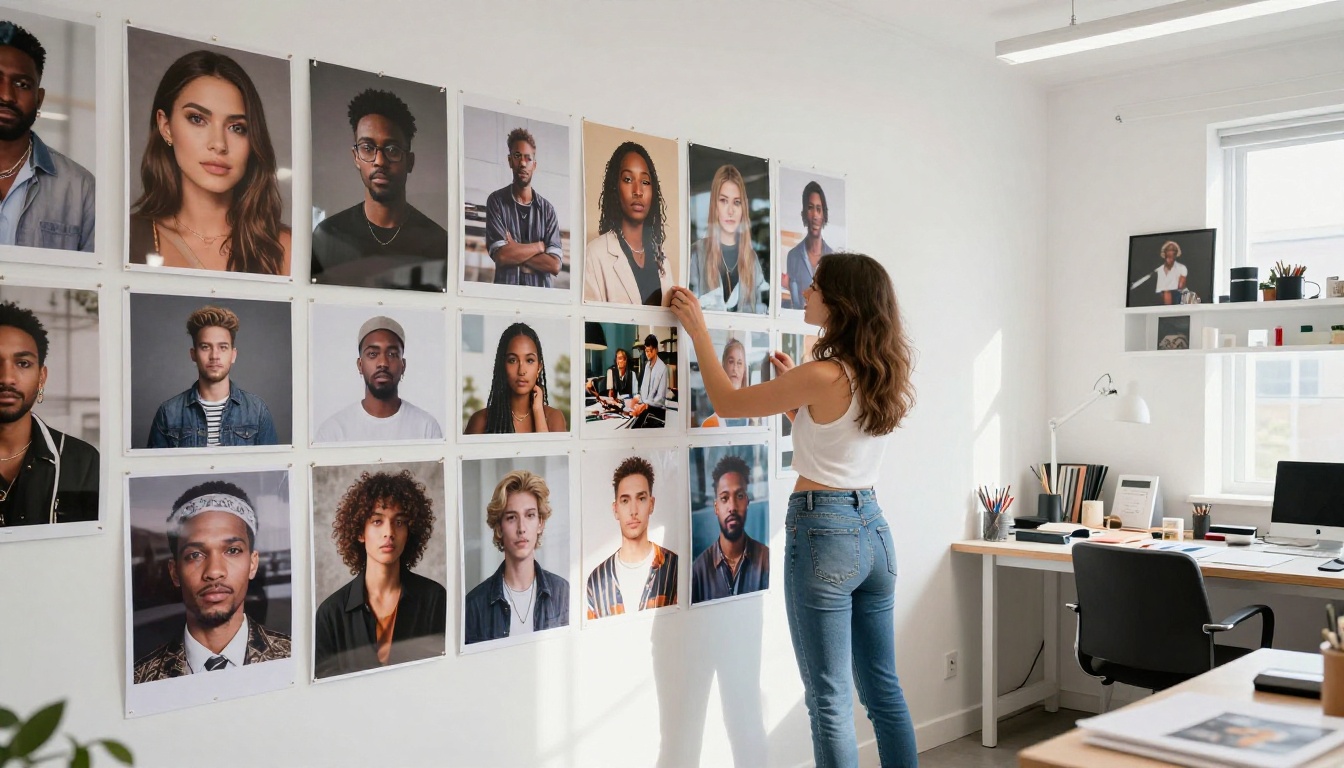 Creative studio interior with printed portrait photographs pinned to white wall, woman artist reviewing work