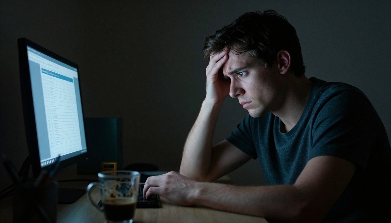 Frustrated person staring at billing statement on laptop at night Frustrated person staring at billing statement on laptop at night