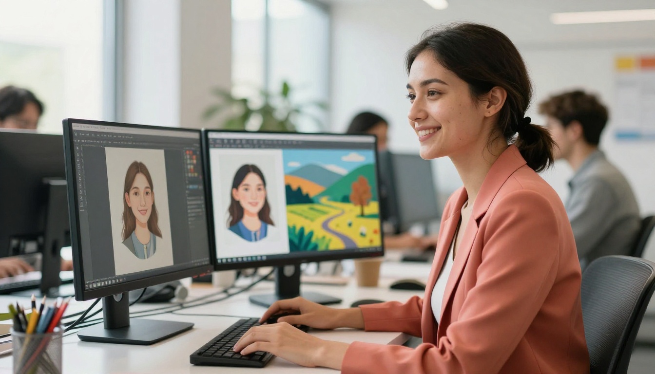 Professional woman at dual monitors displaying AI-generated artwork Professional woman at dual monitors displaying AI-generated artwork