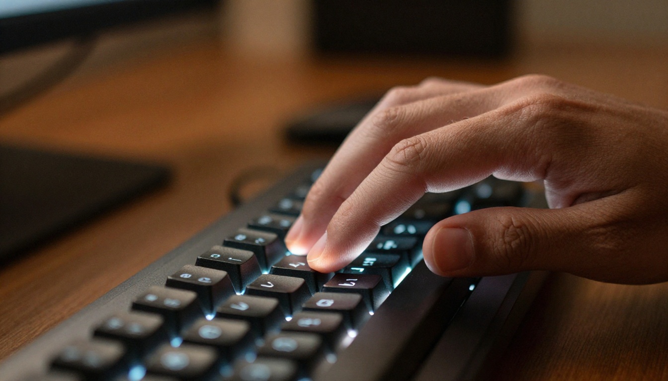 Hand typing prompt on mechanical keyboard with monitor glow Hand typing prompt on mechanical keyboard with monitor glow