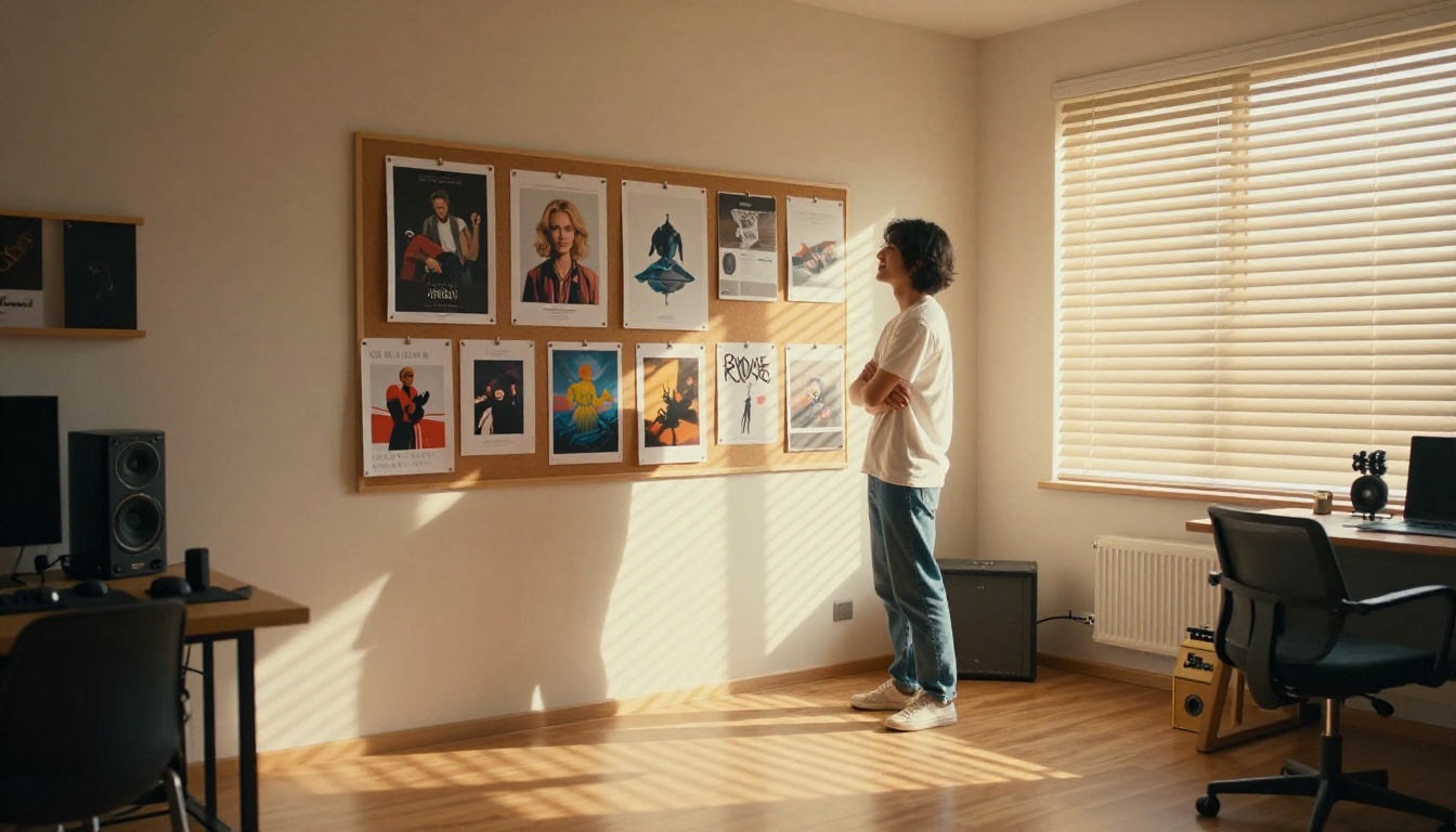 Home studio with AI artwork prints on wall person satisfied Home studio with AI artwork prints on wall person satisfied