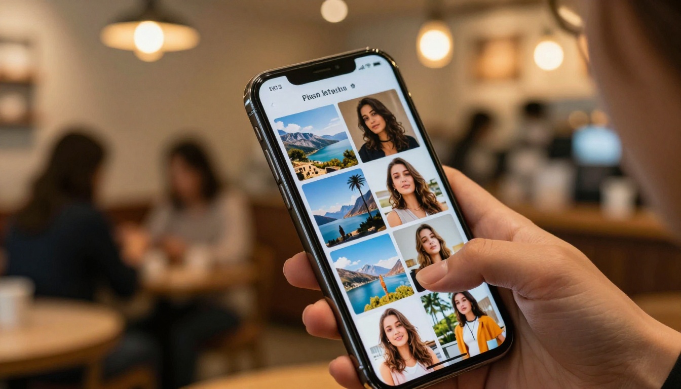 Smartphone displaying gallery of AI-generated images in coffee shop