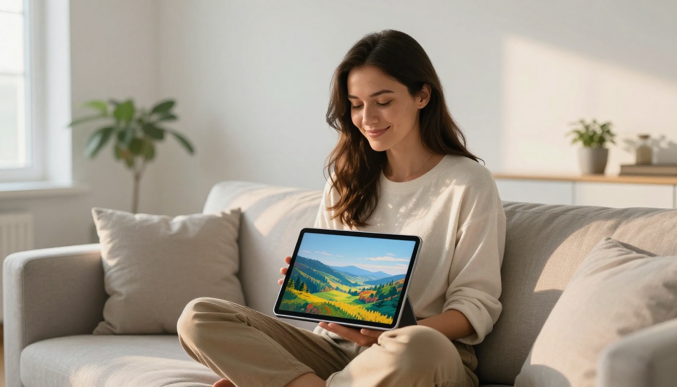 Woman on couch smiling at tablet showing AI-generated landscape image