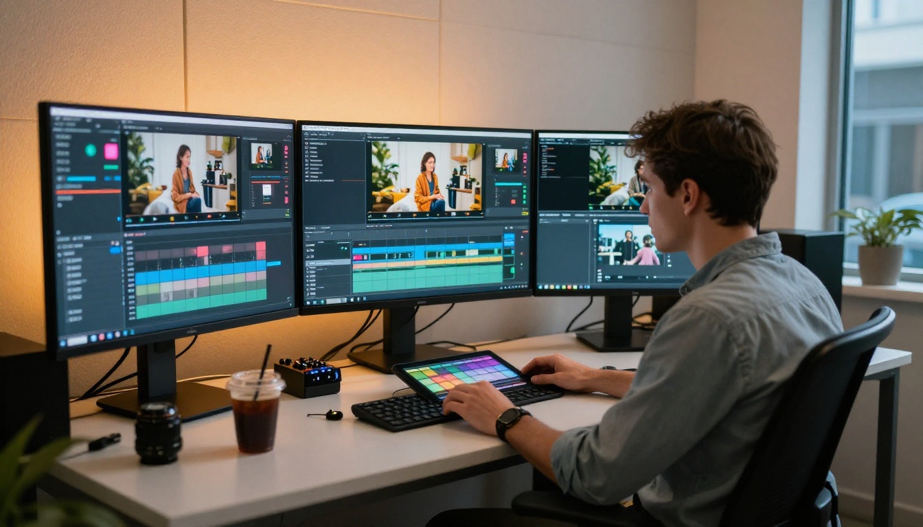 Professional video production editing suite inside a marketing agency