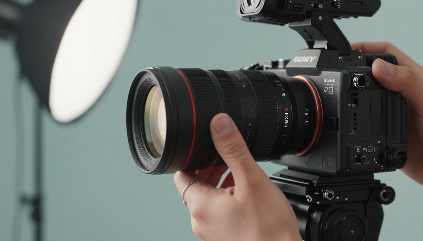 Videographer's hands adjusting a cinema-grade lens on a Sony FX6 camera body