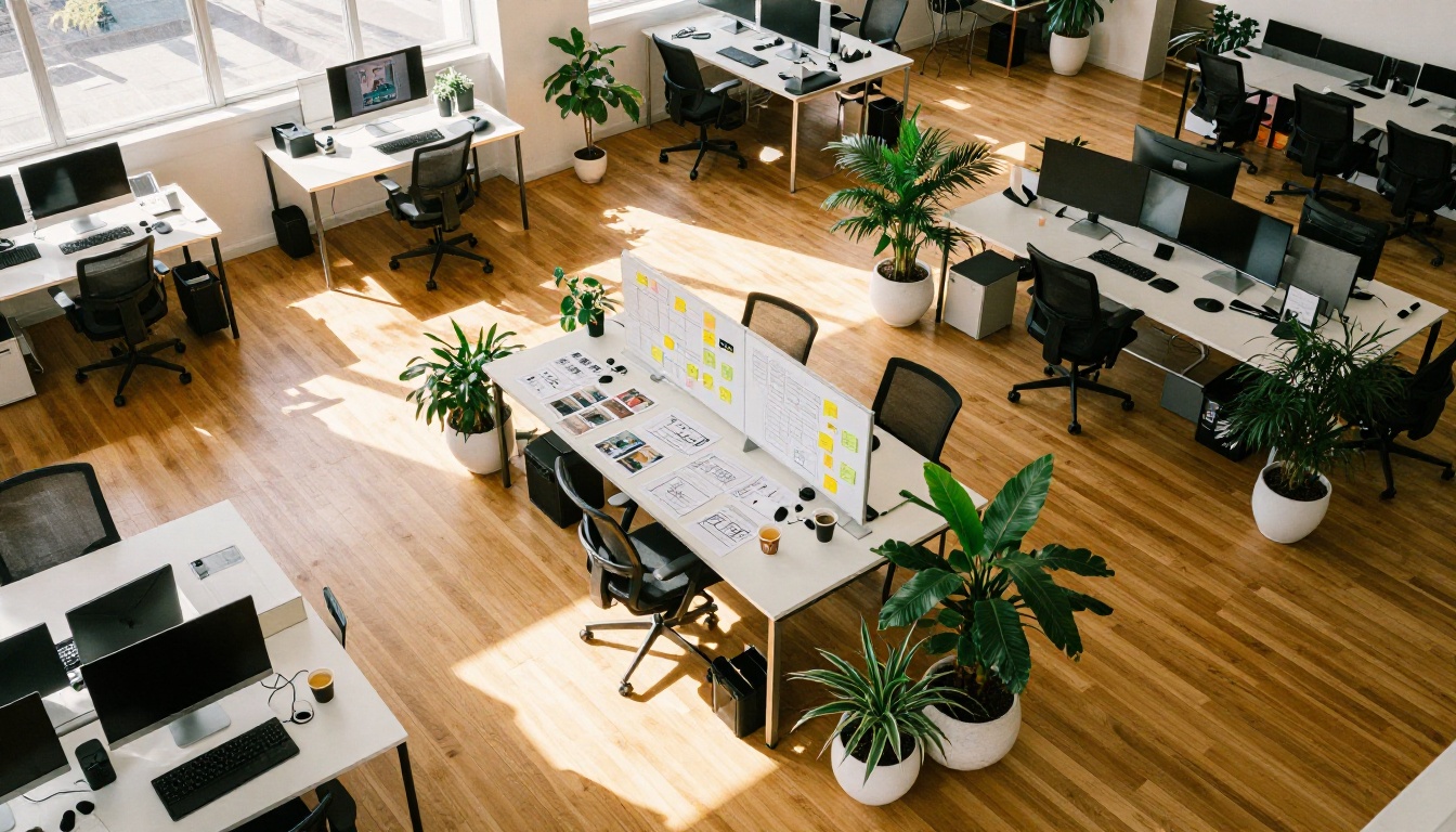 Aerial view of a modern open-plan creative studio with designers at work