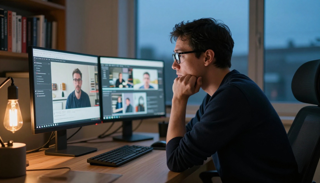 Marketing strategist reviewing video campaign analytics on dual monitors