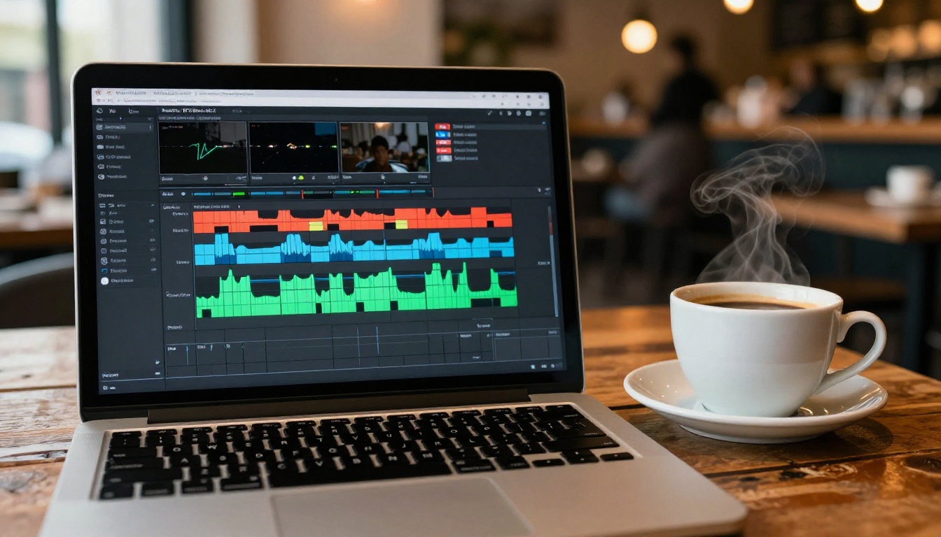 Laptop displaying a professional video editing timeline in a coffee shop setting