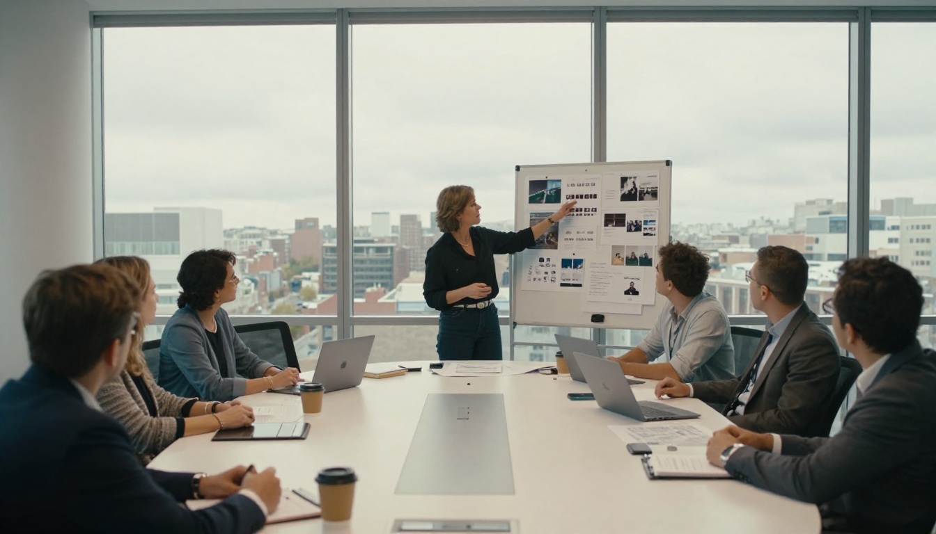 Creative director presenting video storyboards to a team in a modern boardroom