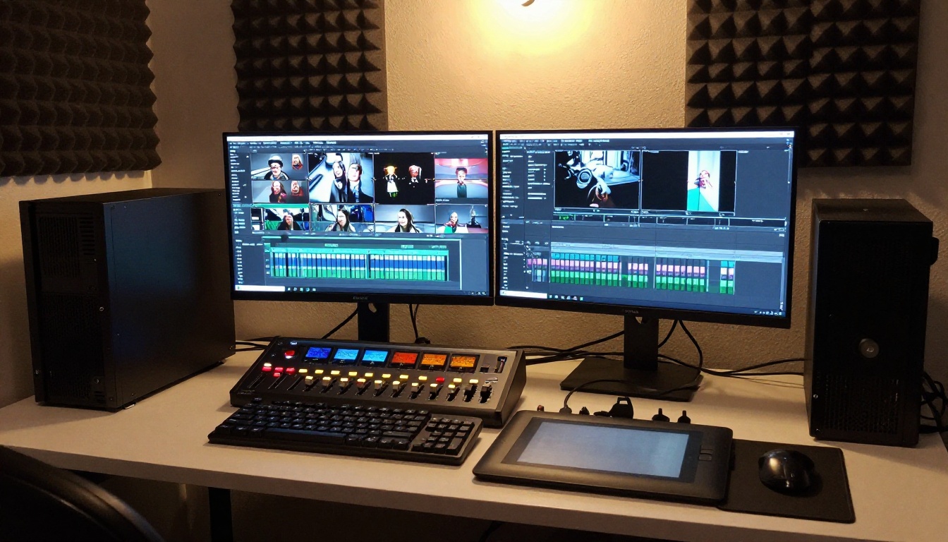 Professional video editing workstation with dual monitors, audio interface, and Wacom tablet