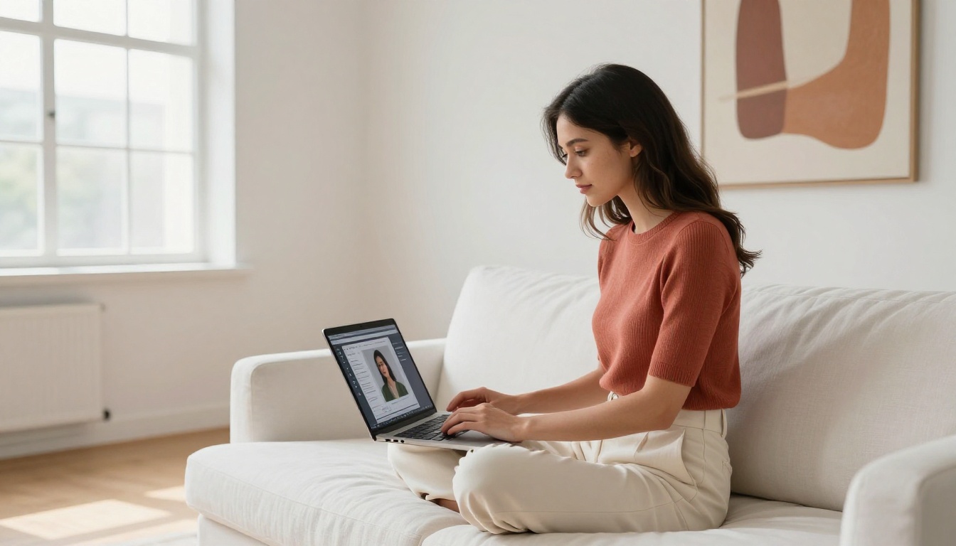Creative woman reviewing AI outputs on laptop in bright workspace