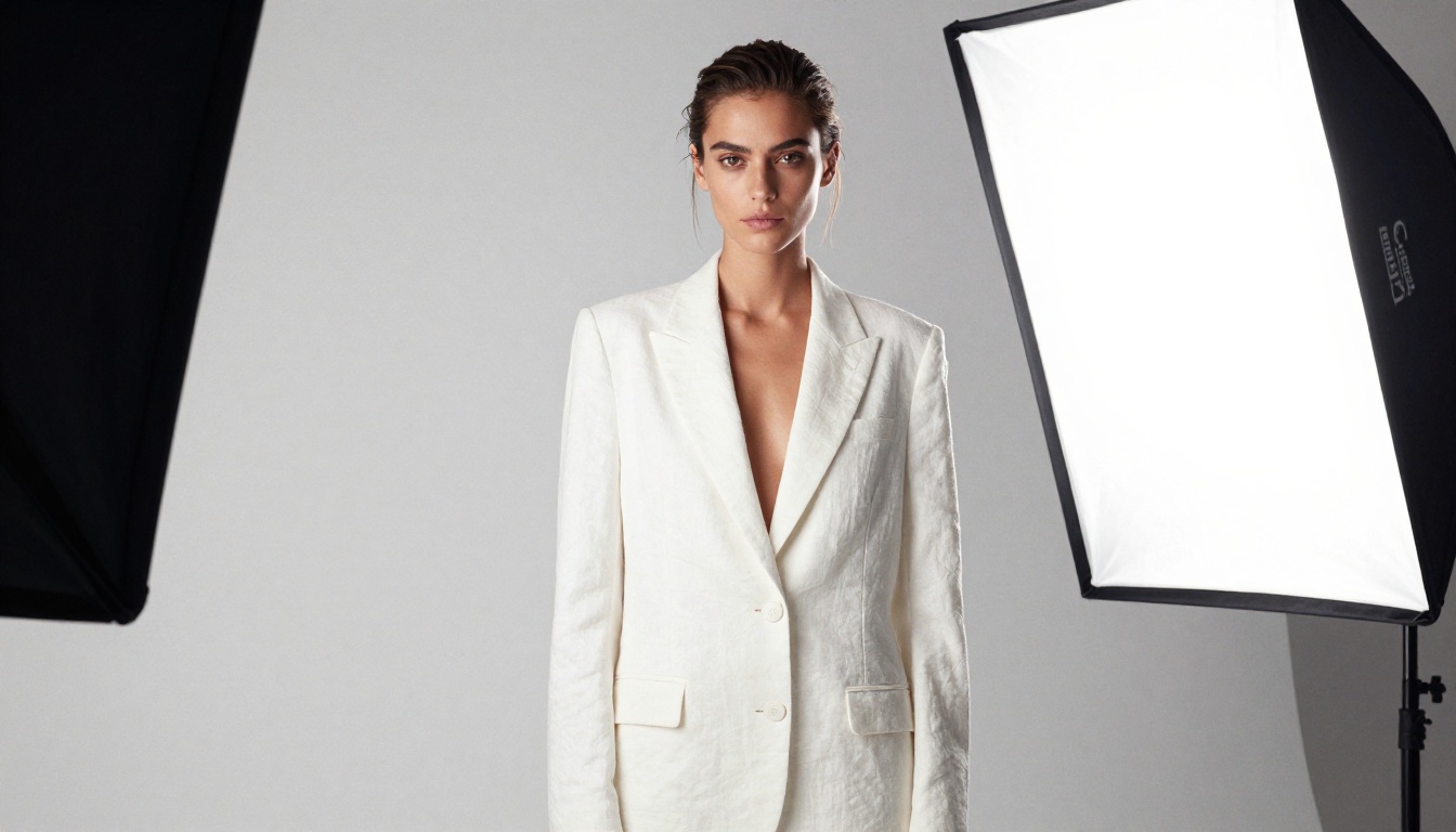 Glamour studio portrait in white blazer showing model output quality