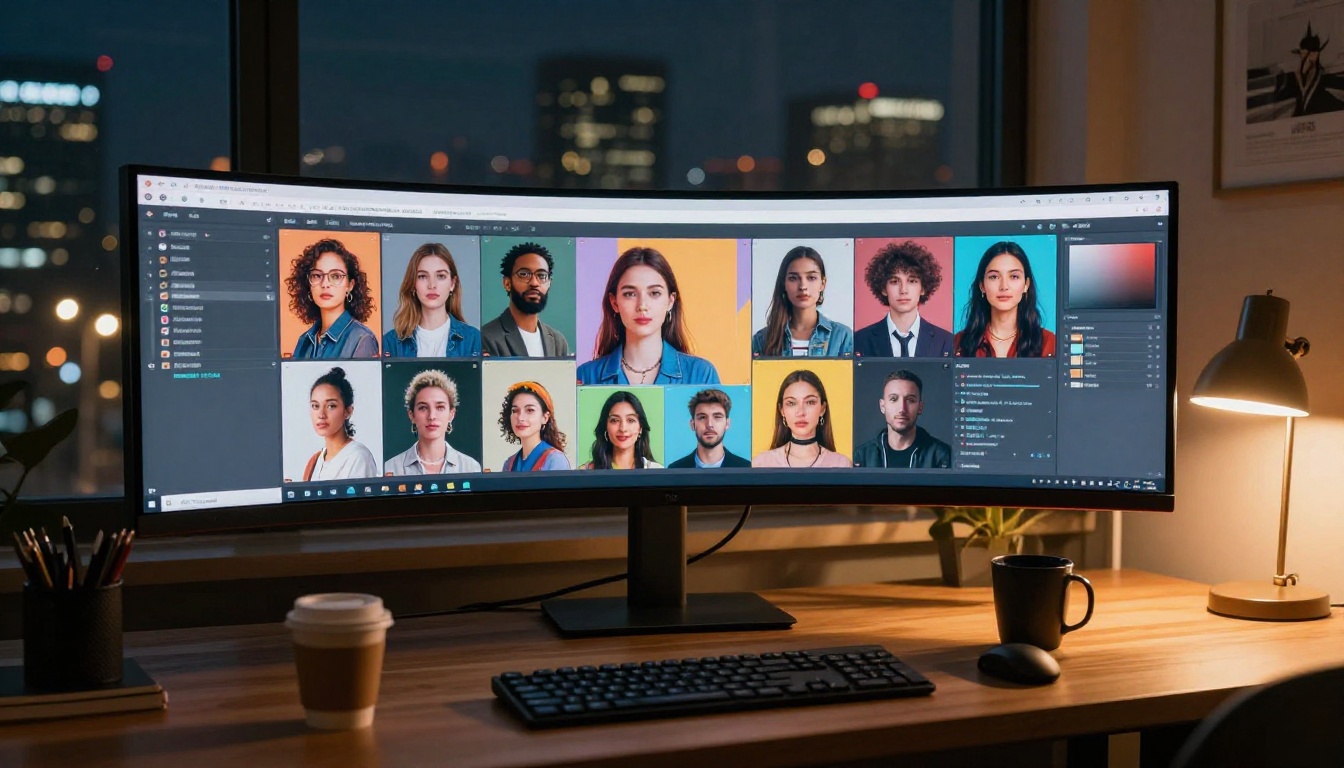 Modern tech workspace with ultrawide monitor showing AI dashboard