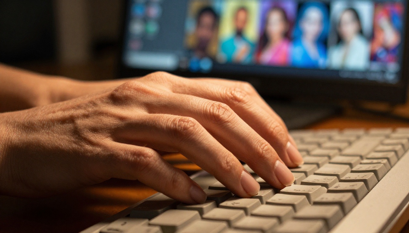 Hands mid-type on mechanical keyboard with AI-generated portrait gallery displayed in background