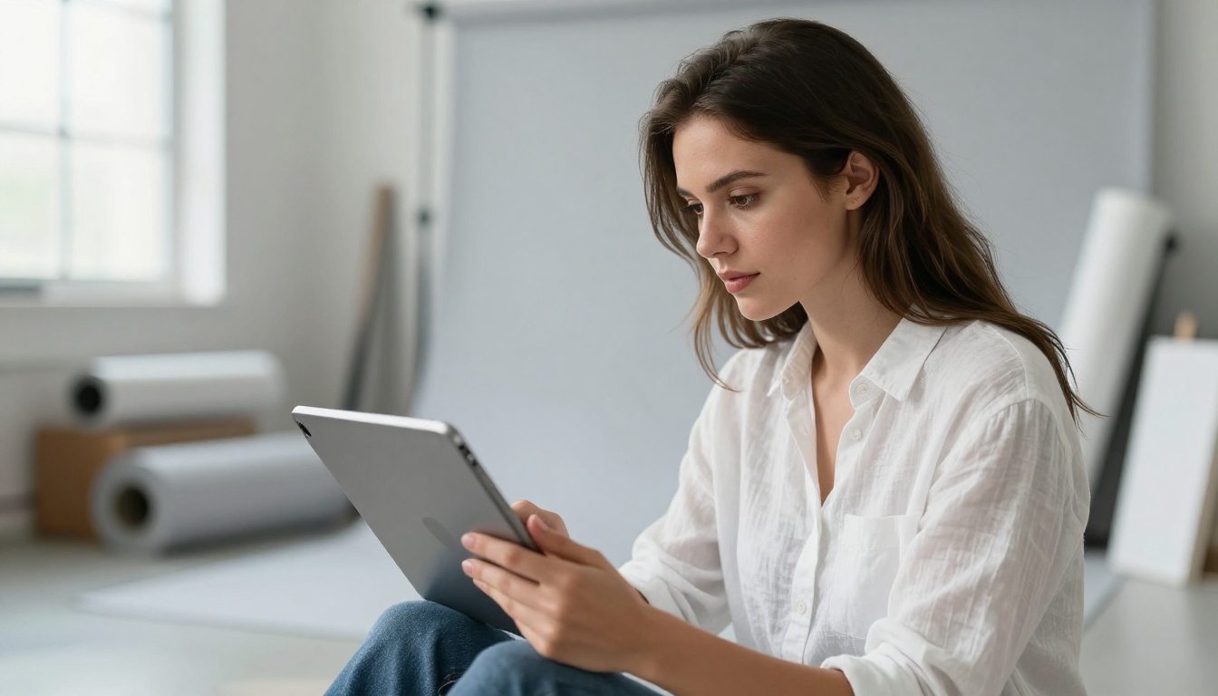 Professional reviewing AI-generated images on tablet in bright photography studio