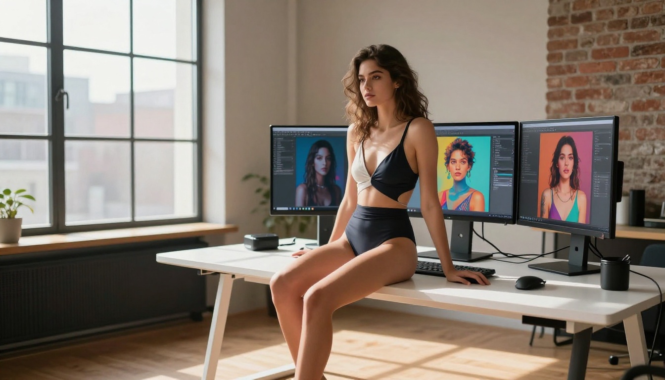 Creative woman working with AI art tools on multiple monitors in a modern studio